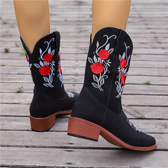 NWT Multiple Sizes Stylish Women's Embroidered Cowboy Boots Red Floral Design - Picture 8 of 9